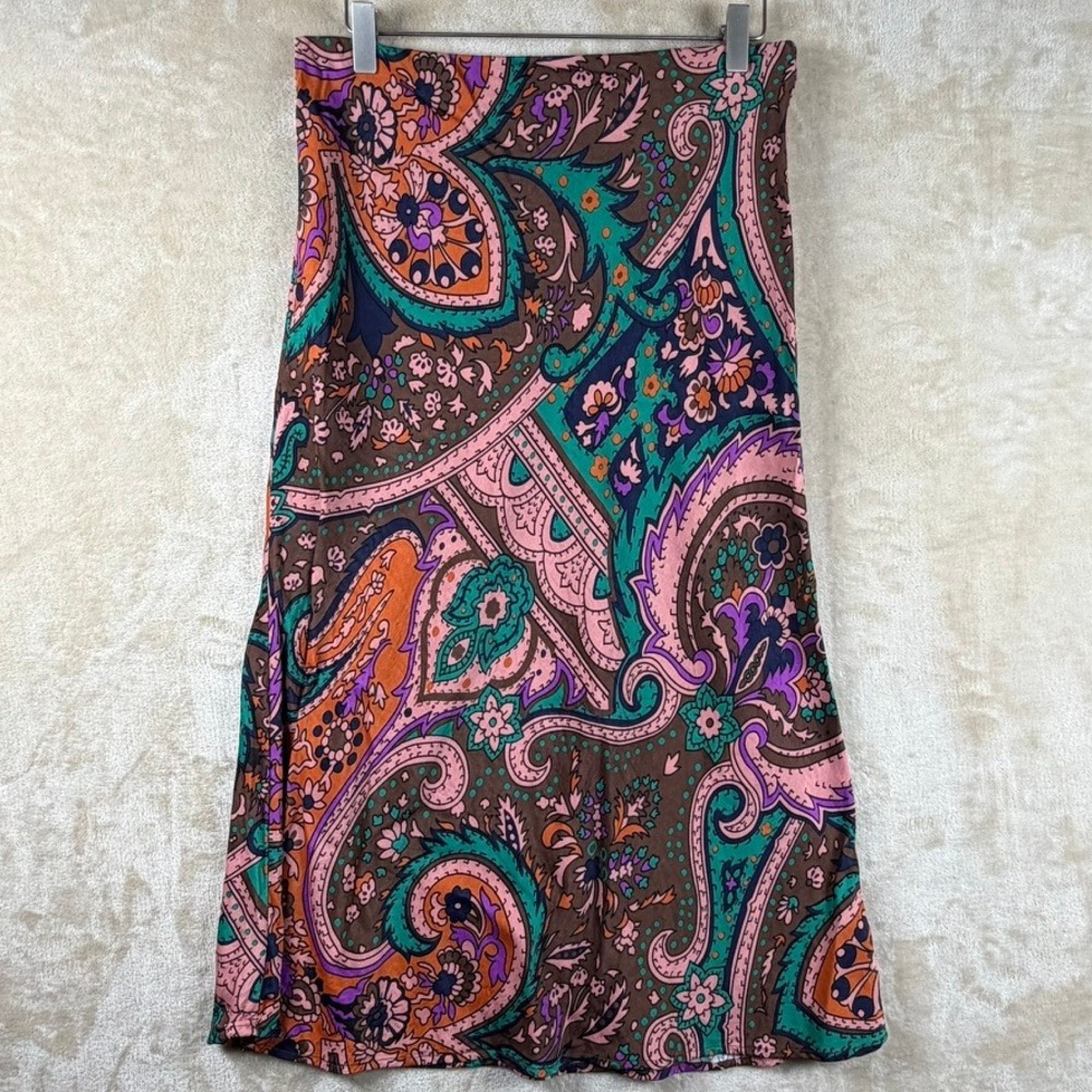 Anthropologie Paisley Midi Skirt Brown Pink Teal Boho Viscose Size M OB1086964